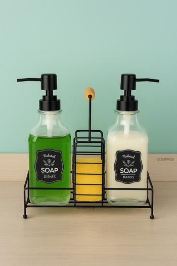 Comprox Glass Liquid Soap Dispenser and Dish Soap Dispenser Set of 2 – 500 ml Metal Stand, Wooden Handle, Sponge Container