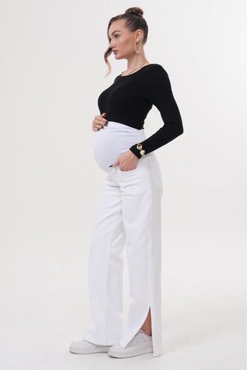 BIG LESSON Maternity Stretchy Tummy Band Waist Adjustable Pipe Leg Slit Jeans Pants White
