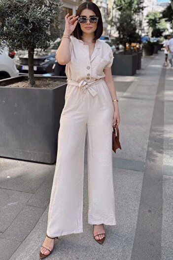 NEW LAVİVA Women's Stone Jacket Collar Wide Leg Linen Jumpsuit - 700-3405
