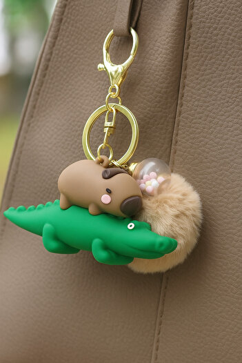OEM Capybara keychain on crocodile, brown with beige fluff and colorful balls, accessory for keys / bag