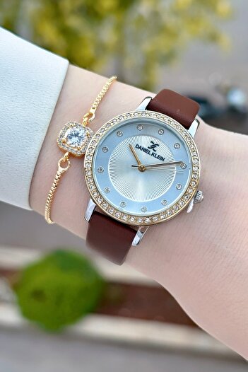 Daniel Klein Case Gold Silver Cord Brown Color Leather Cord Women's Wrist Watch and Bracelet