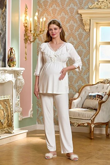 Aqua Elbow Sleeve Lace Detail Maternity Dressing Gown Pajamas Set Cossybyaqua 25137-25138