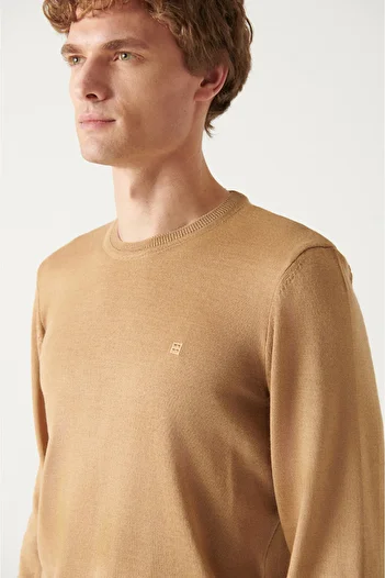 Avva Men's Beige Crew Neck Wool Blended Knitwear Sweater E 005013