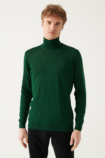 Avva Men's Green Full Turtleneck Wool Blended Knitwear Sweater E 005014