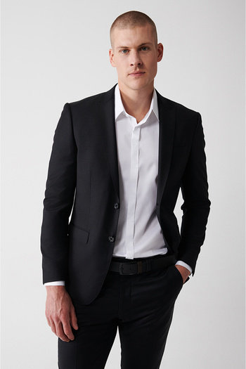 Avva Men's Comfort Slim Fit Black Swallow Collar Double Slit Lined Wool Suit B007701