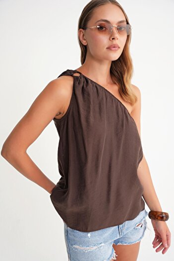 Mixray 4665 Women's Single Shoulder Strap Blouse Brown