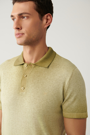 Avva Men's Light Khaki 3-Button Paint Effect Polo Neck Knitwear T-Shirt A41Y5114
