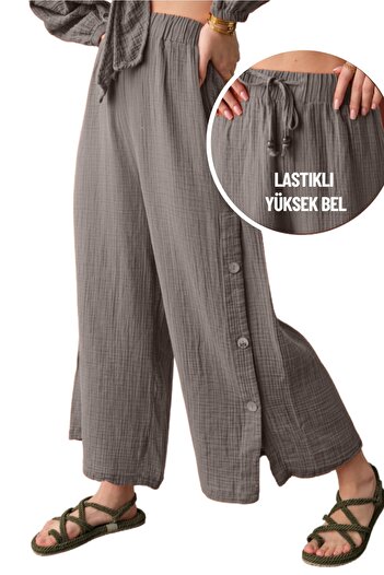 clavia Muslin Trousers, Comfortable Fit Loose Cut Wide Leg High Waist Trousers Dark Gray