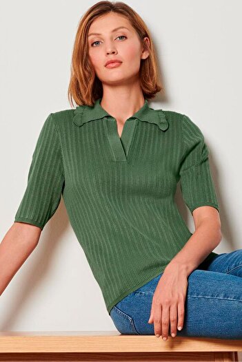 Tchibo Women Spread Collar Elbow Sleeves Knitted Polo Shirt, Olive