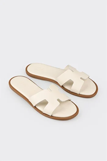 Elle Shoes Εκρού Δερμάτινες Γυναικείες Flat Παντόφλες
