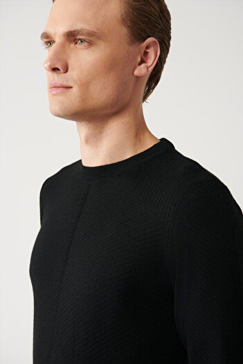 Avva Men's Black Crew Neck Patterned Wool Blended Knitwear Sweater A32Y5188