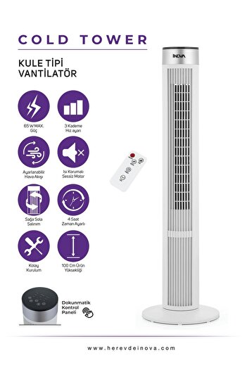 herevdeinova İnova Cold Tower Kule Tipi Büyük Boy 65 Watt Kumandalı Serinletici Vantilatör