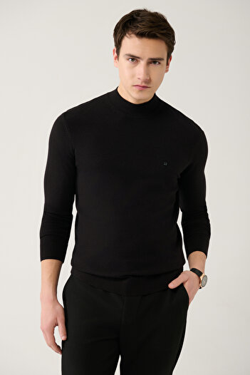 Avva Men's Black Half Turtleneck Textured Neck Knitwear Sweater A32Y5166