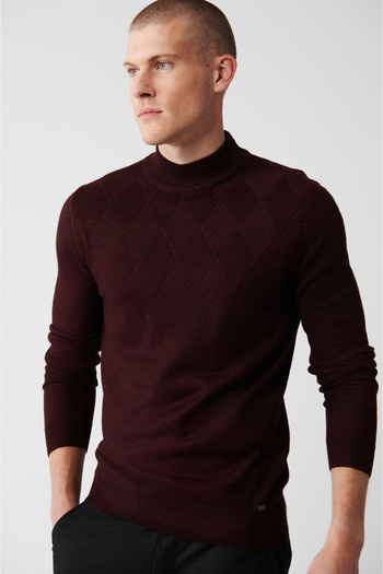 Avva Men's Burgundy Half Turtleneck Wool Blended Front Patterned Knitwear Sweater A32Y5193