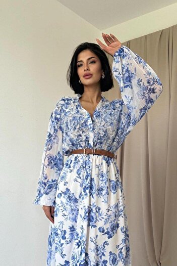 Şair Blue Piping Detailed Dress
