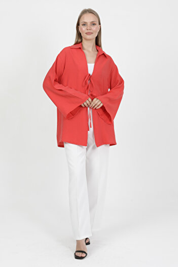 PASTELASTORE Red Natural Viscose Fabric Pocketed Lace-Up Women's Kimono 1167 – Lightweight, Flowy, Fluid