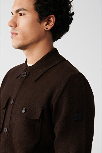 Avva Men's Brown Woolen Buttoned Polo Collar Cardigan Coat with Chest Pockets A22Y6096