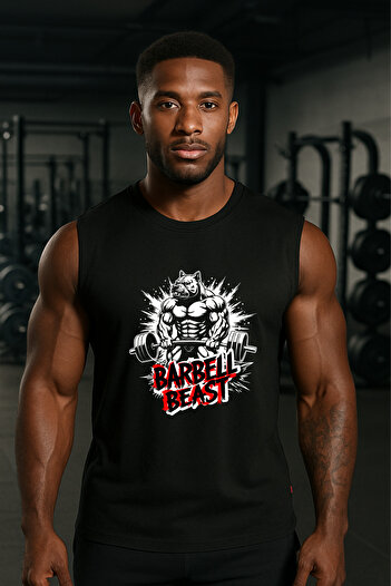 BESSA Men's Sports Tank Top Barbell Beast Printed Black Crew Neck Cotton Fitness Zero Sleeve