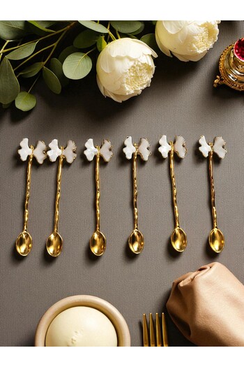 CHANCE GİFT Gold Plated Butterfly Figure Enamel Set of 6 Tea Spoons (white)