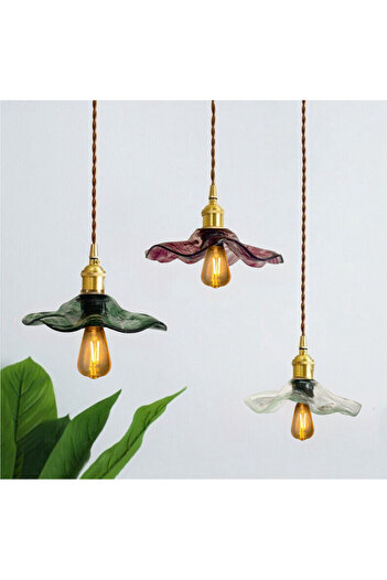 burenze Modern Tasarım Vintage Boheme Estetik El Yapımı Yeşil Camlı Sarkıt Avize Eskitme Gold Kahve Örgü