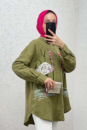 Salih Çelebi Swan Embroidered Tunic 2233 - Khaki