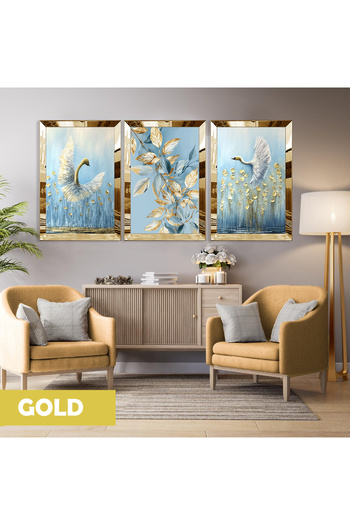 Harikabirev Amazing | Gold Blue Color Swan Combination (Swan) | Plexiglass Framed Mdf Plksmdf