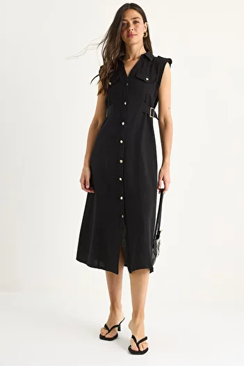 Bianco Lucci Women's Gold Buttoned Waist Detailed Linen Dress 7011 60283421
