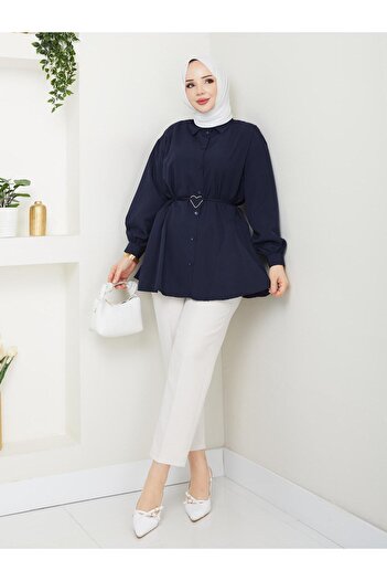 exxitcollection Γυναικείο πουκάμισο Hijab Long Navy Blue T-shirt με ζώνη
