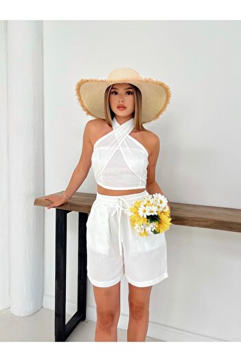 LOOKMEG Women's Halter Neck Gipeli Blouse Shorts Set New Season