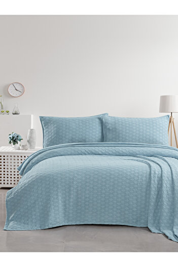 BED LİNE Elvira Bedspread Set Double Light Blue Boxed