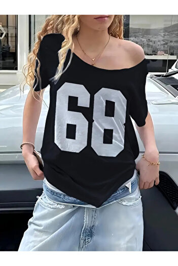 Machetta Women's Off Shoulder Boat Neck 68 Printed T-Shirt