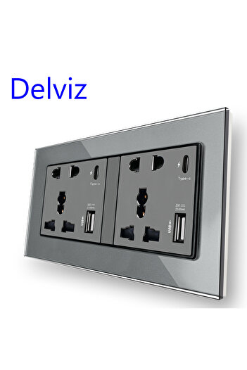Choice 110-250V Grey Delviz Type C Wall USB Socket, Crystal glass panel,2A USB Power port, Universal Dual S