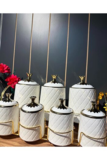 rexa 7-Piece Luxury Porcelain Spice Set – Gold Gilded Versace-Inspired White Storage Jars with Stand