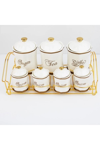rexa 7-Piece Luxury Porcelain Spice Set – Gold Gilded Versace-Inspired White Storage Jars with Stand