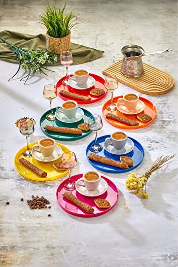 ZeDesign 6 Pcs Colorful Round Presentation Tray Decorative Luxury Plastic Colorful Coffee Tea Snack Serving Presentation