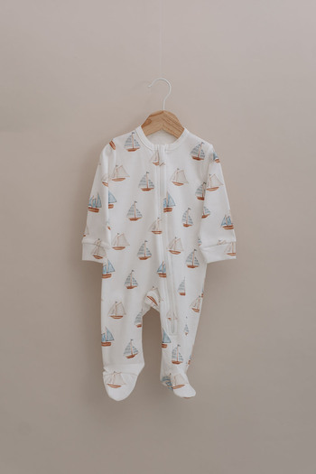 Tuğba Kuğu Zippered Booties Baby Jumpsuit - Pureline Series - Sail Boats