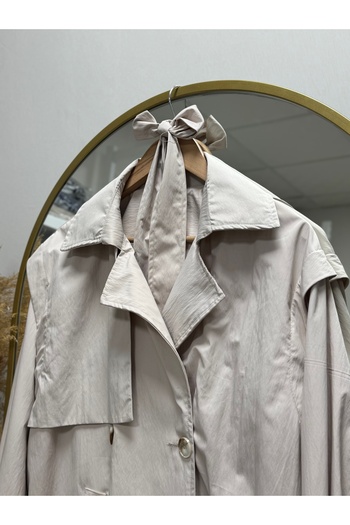 MİHRA STORE Peyda Sleeves Drawstring Short Trench Coat-Nn20045 Stone