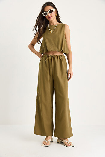Bianco Lucci Women's Balloon Detailed Blouse Palazzo Pants Linen Bottom-Top Set 9367 60281072