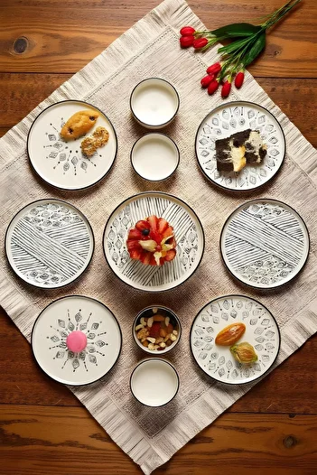 Justyol 11 Piece Stackable Breakfast Set for 6 People – Set with Ethnical Pattern and Footed Presentation Plate