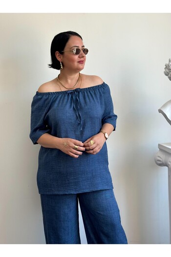 Vio Moda Büyük Beden Madonna Collar Sofia Linen Suit