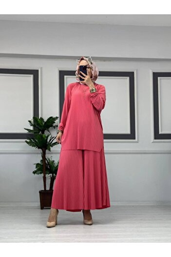 Butik Kardelen Sandy Komple Piliseli İkili Tesettür Pantolonlu Takım STD B eden