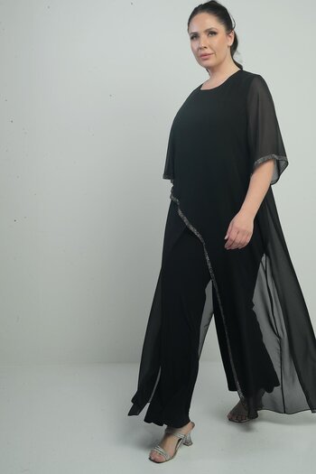 By Saygı Women's Chiffon Top with Stone Detail, Spanish Sleeves, Wide Legs, Large Size Lycra Jumpsuit