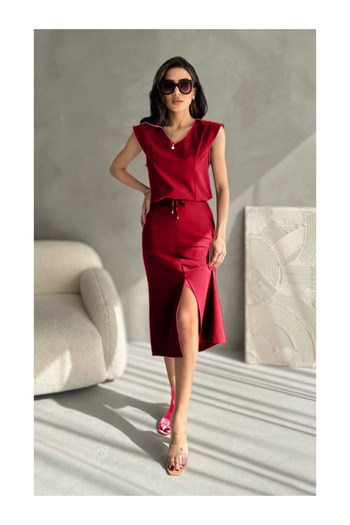 MODA Women's Double Suit- Aerobin Fabric Front Slit Piece Skirt-Low Sleeve Piece Blouse