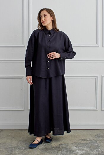 QANU Azur Linen Skirt Suit Navy Blue