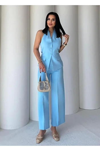 Belfiore Blue Color Halterneck Vest Pallazo Pants Set