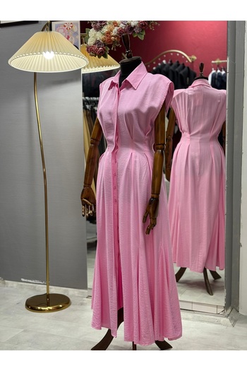 SİSU BOUTIQUE Kadın Pembe Düğmeli Kolsuz Gömlek Yaka Kruvaze Elbise