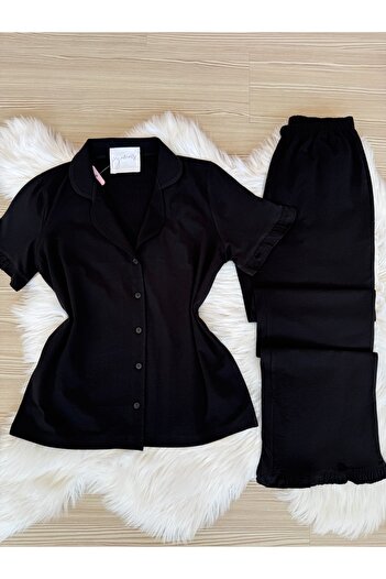 Pijamacs Black Cotton Short Sleeve Front Button Pajama Set with Ruffle Detail on Sleeves and Legs