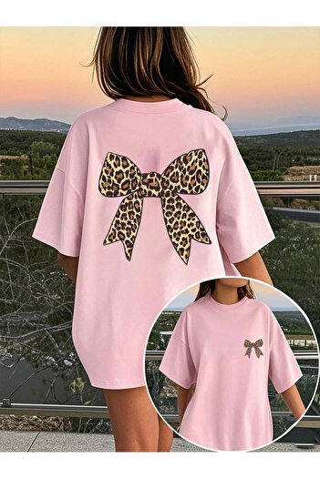 New Shine Unisex Oversize Leopard Ribbon Back Printed T-Shirt
