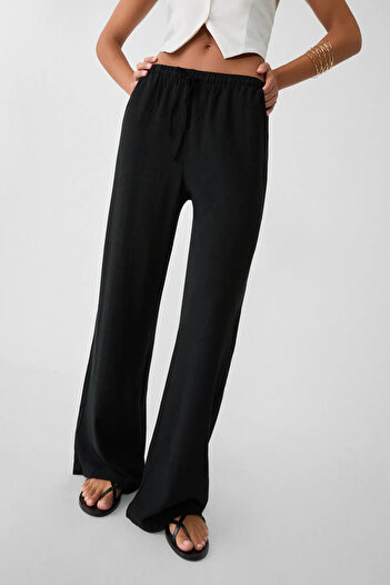 Cochines Women's Black Linen Blend Loose Cut Wide Leg Palazzo Summer Trousers