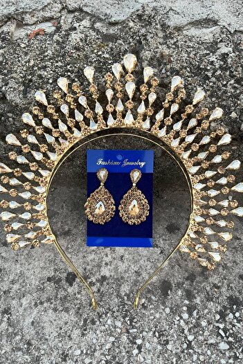 Hobigram Michaelle Gold Bridal Henna Crown Αξεσουάρ ειδικής περίστασης Γυναικείο σετ κορώνας και σκουλαρίκια με σταγόνες